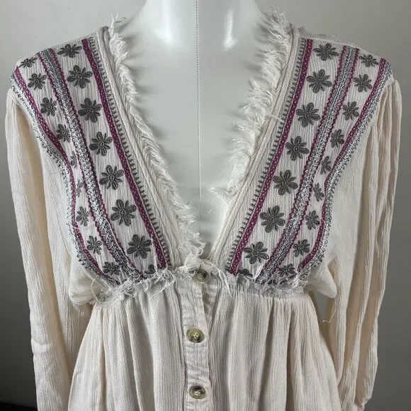 By Together Size Small Ivory western festival Boho Embroidery Mini Dress Tunic - Picture 3 of 12